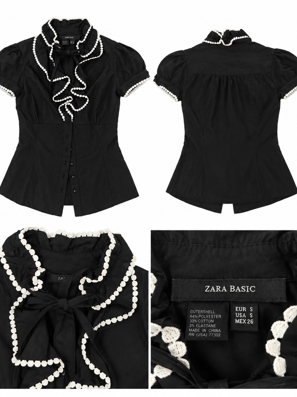 Zara Black Puff-Sleeve Blouse with White Pearl Trim